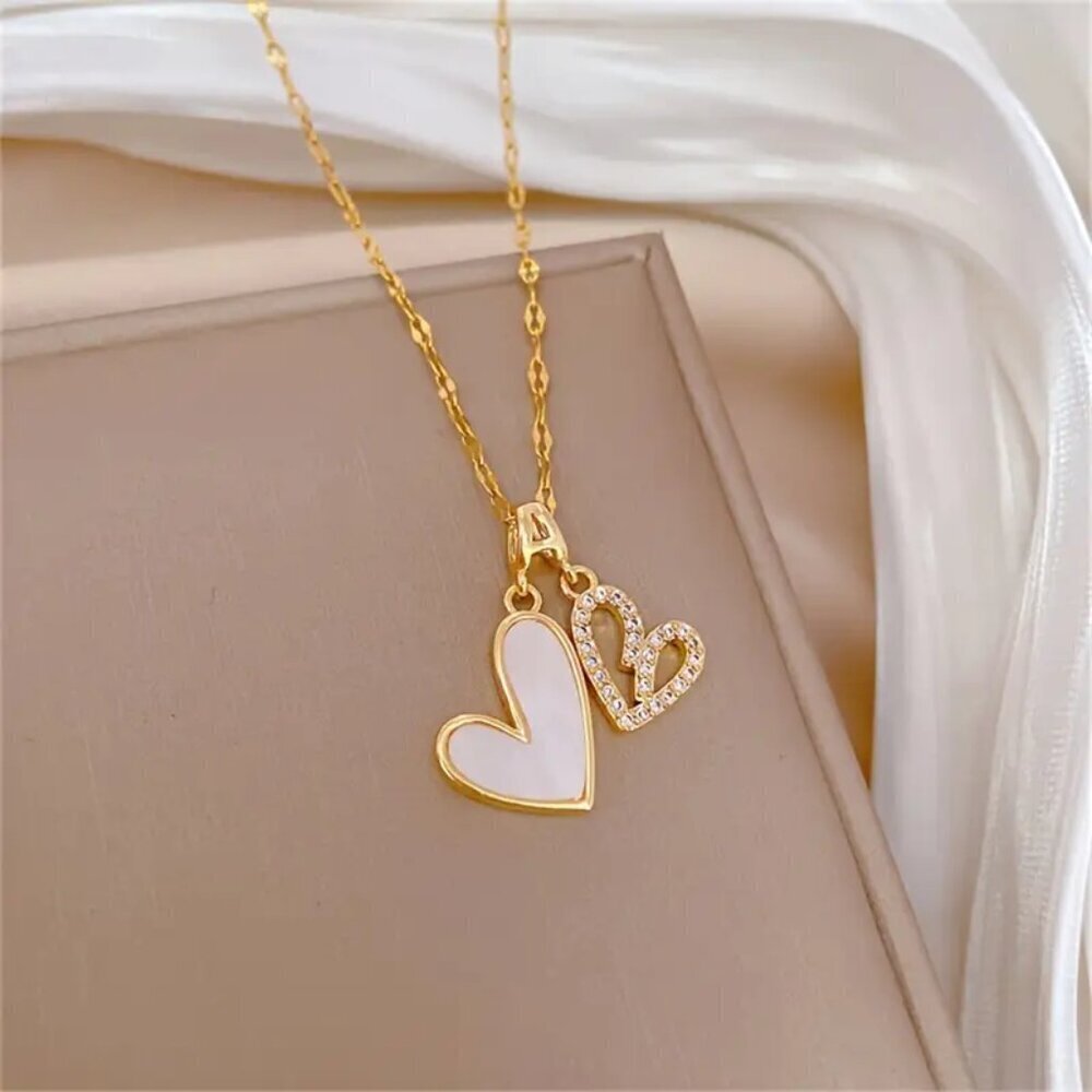 NEW Chic Double-Layer Heart Pendant Necklace Gold with CZ Stones & White Heart - Picture 2 of 3
